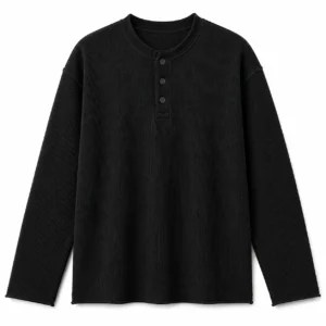 Front Black Waffle-Knit Henley Shirt